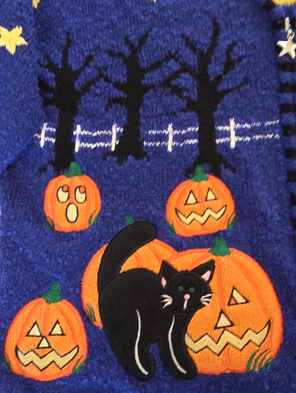 Mandal Bay Vintage 90s Halloween Zip Knit Cardigan Pumpkin Black Cat Bats XL - Picture 10 of 16